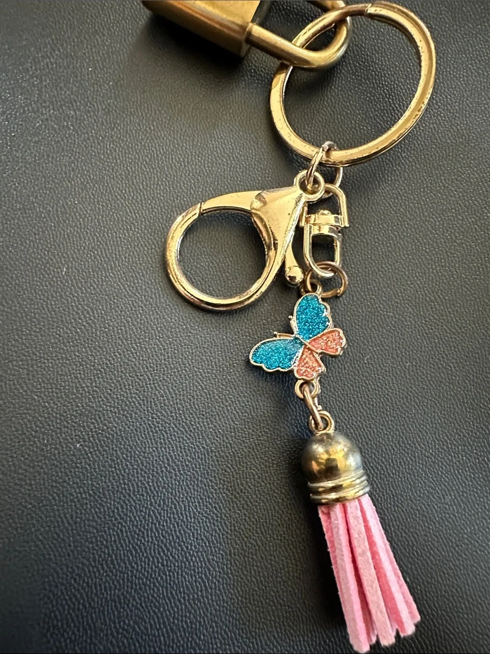 Louis Vuitton Gold Padlock Key Charm with Pink Tassel & Blue-Pink Butterfly